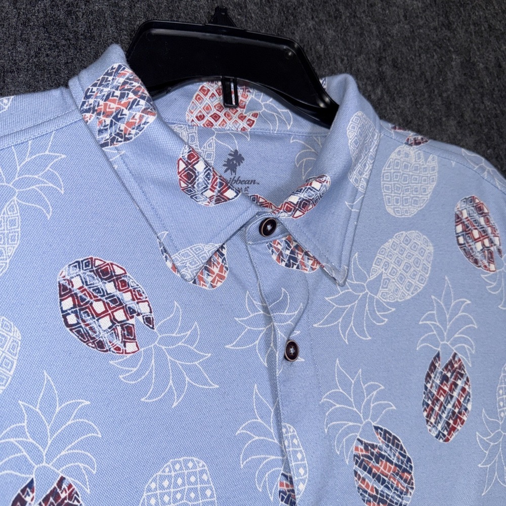 Caribbean Supima Men's XL Hawaiian Button Up Shirt Light Blue Tropical Pineapple